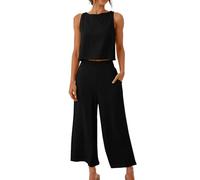 Keepink Linen Sets for Women 2 Piece Outfits Sleeveless Crop Tops + Capri Wide Leg Pants Summer Co Ord Set Women's Trouser Suits Tracksuits Loungewear Beach Travel Sets Plus Size