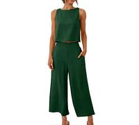 Keepink Linen Sets for Women 2 Piece Outfits Sleeveless Crop Tops + Capri Wide Leg Pants Summer Co Ord Set Women's Trouser Suits Tracksuits Loungewear Beach Travel Sets Plus Size