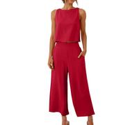 Keepink Linen Sets for Women 2 Piece Outfits Sleeveless Crop Tops + Capri Wide Leg Pants Summer Co Ord Set Women's Trouser Suits Tracksuits Loungewear Beach Travel Sets Plus Size