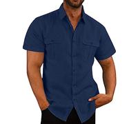 Keepink Linen Shirts Men Short Sleeve Button Up Shirt Plain V Neck T Shirts Casual Summer Hawaiian Beach Tops with Pockets Work Business Dress Top Mens Blouses Wrinkle Free Sale