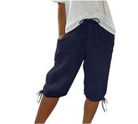 Keepink Linen Shorts for Women Knee Length Bermuda Shorts Drawstring Elastic Waist Summer Casual Gym Shorts with Pockets Lightweight Quick Dry Outdoor Athletic Travel Comfy