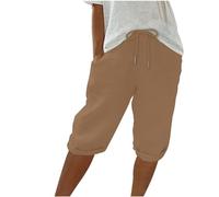 Keepink Linen Shorts for Women UK Elastic Waist Knee Length Summer Shorts Wide Leg Lounge Bermuda Bottom Athletic Short Jogger Bottoms Plus Size Sweat Pants S-3XL Clearance