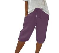 Keepink Linen Shorts for Women UK Elastic Waist Knee Length Summer Shorts Wide Leg Lounge Bermuda Bottom Athletic Short Jogger Bottoms Plus Size Sweat Pants S-3XL Clearance