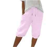 Keepink Linen Shorts for Women UK Elastic Waist Knee Length Summer Shorts Wide Leg Lounge Bermuda Bottom Athletic Short Jogger Bottoms Plus Size Sweat Pants S-3XL Clearance
