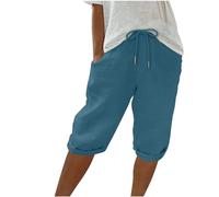 Keepink Linen Shorts for Women UK Elastic Waist Knee Length Summer Shorts Wide Leg Lounge Bermuda Shorts Sweat Shorts Long Shorts Athletic Short Jogger Bottoms Size S-3XL UK