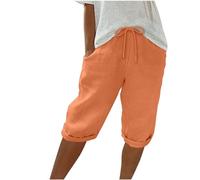 Keepink Linen Shorts for Women UK Elastic Waist Knee Length Summer Shorts Wide Leg Lounge Bermuda Shorts Sweat Shorts Long Shorts Athletic Short Jogger Bottoms Size S-3XL UK