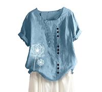 Keepink Linen Tops for Women UK Plus Size 8-22 Elegant Tunic Tops Floral Embroidered Blouse Ladies Oversized T-Shirt Summer Casual Short Sleeve Loose Tee Shirts Going Out T Shirts Sale