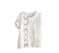 Keepink Linen Tops for Women UK Plus Size 8-22 Elegant Tunic Tops Floral Embroidered Blouse Ladies Oversized T-Shirt Summer Casual Short Sleeve Loose Tee Shirts Going Out T Shirts Sale