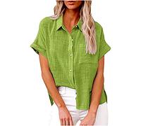Keepink Linen Tops for Women UK Plus Size Short Sleeve Shirts V Neck Collared Button Up Summer Top Dressy Casual Business Work Blouses Going Out Top T Shirts S-5XL Clearance