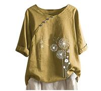 Keepink Linen Tops for Women UK Sale Elegant Short Sleeve T Shirts Funny Dandelio Graphic T-Shirt Casual Loose Tunic Blouse Oversized Round Neck Pullover Summer Tee Shirt Plus Top 10-24
