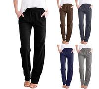 Keepink Linen Trousers Women Plus Size Summer Wide Leg Pants Plain Drawstring Elastic Waist Trouser Baggy Lounge Pants Bohemian Holiday Beach Casual Pant Ladies Sweatpants