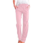 Keepink Linen Trousers Women Plus Size Summer Wide Leg Pants Plain Drawstring Elastic Waist Trouser Baggy Lounge Pants Bohemian Holiday Beach Casual Pant Ladies Sweatpants
