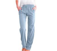 Keepink Linen Trousers Women Plus Size Summer Wide Leg Pants Plain Drawstring Elastic Waist Trouser Baggy Lounge Pants Bohemian Holiday Beach Casual Pant Ladies Sweatpants