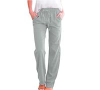Keepink Linen Trousers Women Plus Size Summer Wide Leg Pants Plain Drawstring Elastic Waist Trouser Baggy Lounge Pants Bohemian Holiday Beach Casual Pant Ladies Sweatpants