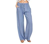 Keepink Linen Trousers Womens Long Leg Palazzo Pants Baggy Casual Summer Pant Plus Size Elastic Waist Wide Leg Trouser with Pockets Straight Leg Ladies Joggers Tracksuit Bottoms