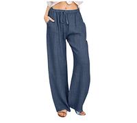 Keepink Linen Trousers Womens Long Leg Palazzo Pants Baggy Casual Summer Pant Plus Size Elastic Waist Wide Leg Trouser with Pockets Straight Leg Ladies Joggers Tracksuit Bottoms