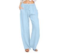 Keepink Linen Trousers Womens Long Leg Palazzo Pants Baggy Casual Summer Pant Plus Size Elastic Waist Wide Leg Trouser with Pockets Straight Leg Ladies Joggers Tracksuit Bottoms