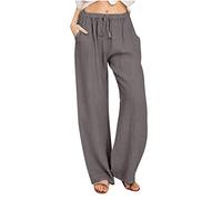 Keepink Linen Trousers Womens Long Leg Palazzo Pants Baggy Casual Summer Pant Plus Size Elastic Waist Wide Leg Trouser with Pockets Straight Leg Ladies Joggers Tracksuit Bottoms