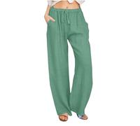 Keepink Linen Trousers Womens Long Leg Palazzo Pants Baggy Casual Summer Pant Plus Size Elastic Waist Wide Leg Trouser with Pockets Straight Leg Ladies Joggers Tracksuit Bottoms
