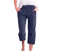 Keepink Linen Trousers Womens Petite Baggy Wide Leg Cropped Pants Drawstring Elastic High Waist Trouser Summer Casual Beach Pant Lightweight Straight Leg Jogging Bottoms Clearance