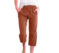 Keepink Linen Trousers Womens Petite Baggy Wide Leg Cropped Pants Drawstring Elastic High Waist Trouser Summer Casual Beach Pant Lightweight Straight Leg Jogging Bottoms Clearance