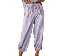 Keepink Linen Trousers Womens Plus Size 8-18 Cotton Casual Cropped Trouser for Women Elastic High Waisted Joggers Sweatpants Loose Lantern Tapered Harem Pants with Pockets