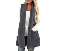 Keepink Long Gilet for Women UK Double Fleece Sleeveless Jacket with Pocket Solid Casual Fluffy Teddy Waistcoats Bodywarmer Soft Plush Open Front Cardigan Coat Fuzzy Vest Loose Outwear