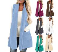 Keepink Long Gilet for Women UK Double Fleece Sleeveless Jacket with Pocket Solid Casual Fluffy Teddy Waistcoats Bodywarmer Soft Plush Open Front Cardigan Coat Fuzzy Vest Loose Outwear