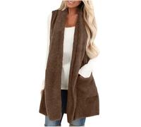 Keepink Long Gilet for Women UK Double Fleece Sleeveless Jacket with Pocket Solid Casual Fluffy Teddy Waistcoats Bodywarmer Soft Plush Open Front Cardigan Coat Fuzzy Vest Loose Outwear