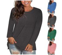 Keepink Long Sleeve T Shirts Women Casual Loose Tops Plain Crew/V Neck Longline Tunic Shirt Soft Comfor Basic Tee Shirts Classic Fit Tshirt Workout Gym Top Summer Fall Clothes