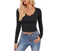 Keepink Long Sleeve Tops for Women Soft V Neck Basic Tight Top Solid Slim Fit Compression Blouses Summer Y2k Basic Clothes Fitted Casual Going Out Tee Shirt Yoga Gym T-Shirts Sale