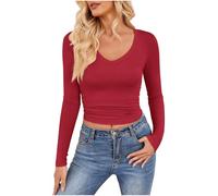 Keepink Long Sleeve Tops for Women Soft V Neck Basic Tight Top Solid Slim Fit Compression Blouses Summer Y2k Basic Clothes Fitted Casual Going Out Tee Shirt Yoga Gym T-Shirts Sale