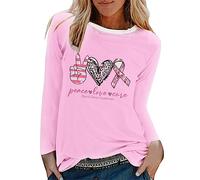 Keepink Long Sleeve Tops for Women UK Breast Cancer T Shirts Pink Ribbon Love Heart Graphic Tshirt Loose Tunic Pullover Blouse Health Theme Awareness Ladies Shirts Plus Size 8/18
