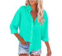 Keepink Long Sleeve Tops Women Cotton Linen Button Down Shirt Solid Dressy Elegant Collared Blouse Office Work Business Casual Top with Pocket Ladies Blouses & Shirts Sale