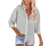 Keepink Long Sleeve Tops Women Cotton Linen Button Down Shirt Solid Dressy Elegant Collared Blouse Office Work Business Casual Top with Pocket Ladies Blouses & Shirts Sale