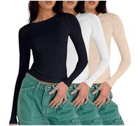 Keepink Long Sleeve Tops Women Multipack 2 PC/3PC Basic T Shirt Plain Slim Fit Crop Top Crew Neck Athletic Fit Tshirts Tight Tees Y2k Streetwear Club Party Going Out Blouses
