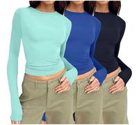 Keepink Long Sleeve Tops Women Multipack 2 PC/3PC Basic T Shirt Plain Slim Fit Crop Top Crew Neck Athletic Fit Tshirts Tight Tees Y2k Streetwear Club Party Going Out Blouses