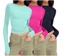 Keepink Long Sleeve Tops Women Multipack 2 PC/3PC Basic T Shirt Plain Slim Fit Crop Top Crew Neck Athletic Fit Tshirts Tight Tees Y2k Streetwear Club Party Going Out Blouses