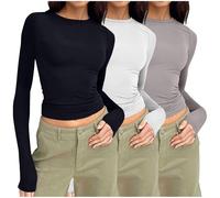 Keepink Long Sleeve Tops Women Multipack 2 PC/3PC Basic T Shirt Plain Slim Fit Crop Top Crew Neck Athletic Fit Tshirts Tight Tees Y2k Streetwear Club Party Going Out Blouses