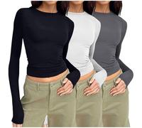 Keepink Long Sleeve Tops Women Multipack 2 PC/3PC Basic T Shirt Plain Slim Fit Crop Top Crew Neck Athletic Fit Tshirts Tight Tees Y2k Streetwear Club Party Going Out Blouses