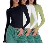 Keepink Long Sleeve Tops Women Multipack 2 PC/3PC Basic T Shirt Plain Slim Fit Crop Top Crew Neck Athletic Fit Tshirts Tight Tees Y2k Streetwear Club Party Going Out Blouses