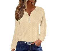 Keepink Long Sleeve Tops Women Trendy V Neck Eyelet Shirts Dressy Casual Tunic Blouses Summer Boho Top Ladies T-Shirt Breathable Shirt for Leggings Holiday Going Out Outfits