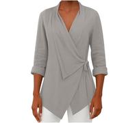 Keepink Long Sleeve Tops Women V Neck Wrap Knot Side Tops Tie Waist Lapel Shirt with Irregular Hem Solid Relaxed Dressy Casual Blouse Elegant Tunic T-Shirts for Cosy Everyday Business