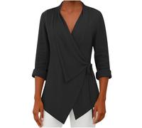 Keepink Long Sleeve Tops Women V Neck Wrap Knot Side Tops Tie Waist Lapel Shirt with Irregular Hem Solid Relaxed Dressy Casual Blouse Elegant Tunic T-Shirts for Cosy Everyday Business