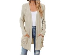 Keepink Longline Cardigans for Women UK Long Sleeve Open Front Cardigans with Pocket Solid Ribbed Knit Lightweight Outerwear Eleagnt Ladies Cardigan Oversized V Neck Coat Sale