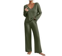 Keepink Lounge Wear Sets for Women UK Tracksuit Knit Ribbed 2 Piece Outfits V Neck Long Sleeve Jumpers + Wide Leg Trousers Pyjamas Set Sleepwear Homewear Travel Sweatsuits Tall/Petite