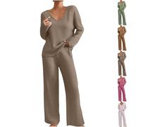 Keepink Lounge Wear Sets for Women UK Tracksuit Knit Ribbed 2 Piece Outfits V Neck Long Sleeve Jumpers + Wide Leg Trousers Pyjamas Set Sleepwear Homewear Travel Sweatsuits Tall/Petite