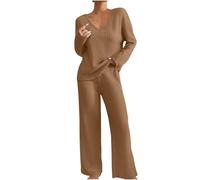 Keepink Lounge Wear Sets for Women UK Tracksuit Knit Ribbed 2 Piece Outfits V Neck Long Sleeve Jumpers + Wide Leg Trousers Pyjamas Set Sleepwear Homewear Travel Sweatsuits Tall/Petite