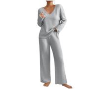 Keepink Lounge Wear Sets for Women UK Tracksuit Knit Ribbed 2 Piece Outfits V Neck Long Sleeve Jumpers + Wide Leg Trousers Pyjamas Set Sleepwear Homewear Travel Sweatsuits Tall/Petite