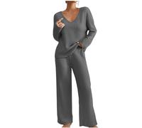 Keepink Lounge Wear Sets for Women UK Tracksuit Knit Ribbed 2 Piece Outfits V Neck Long Sleeve Jumpers + Wide Leg Trousers Pyjamas Set Sleepwear Homewear Travel Sweatsuits Tall/Petite